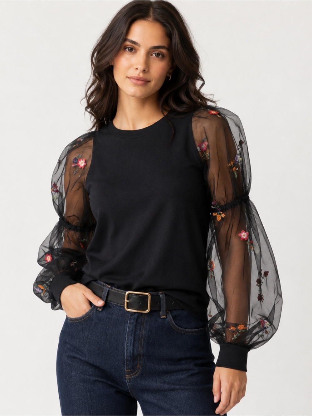 Maeve Black Knit Top with Sheer Embroidered Puff Sleeves
